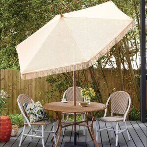7.5'x7.7' Hexagon Macrame Outdoor Patio Market Umbrella Beige with Faux Wood Pol